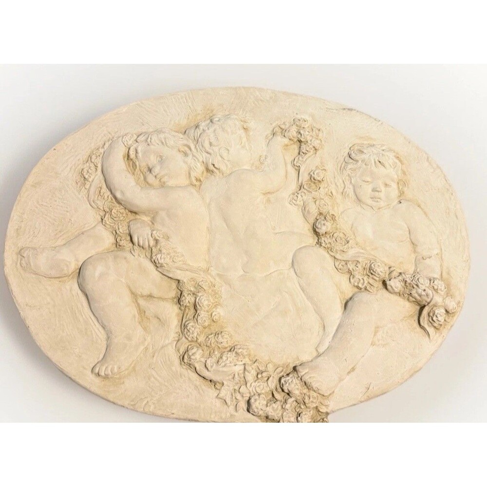 Hen Feathers Cherub Angel Wall Plaque 14x19 Vintage Resin Relief Decor
